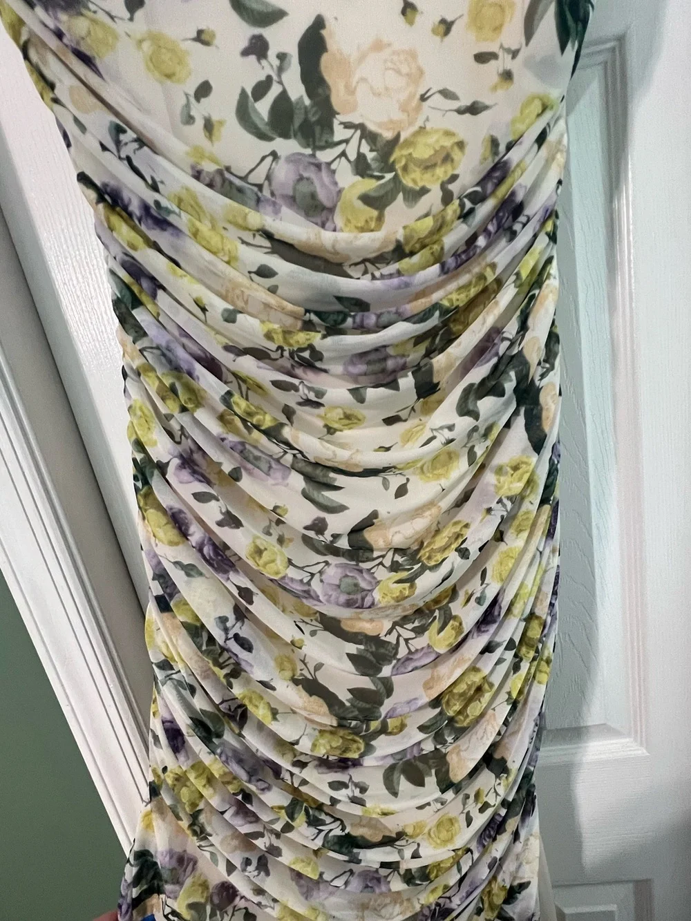 Floral Ruched Dress in Cream and Green